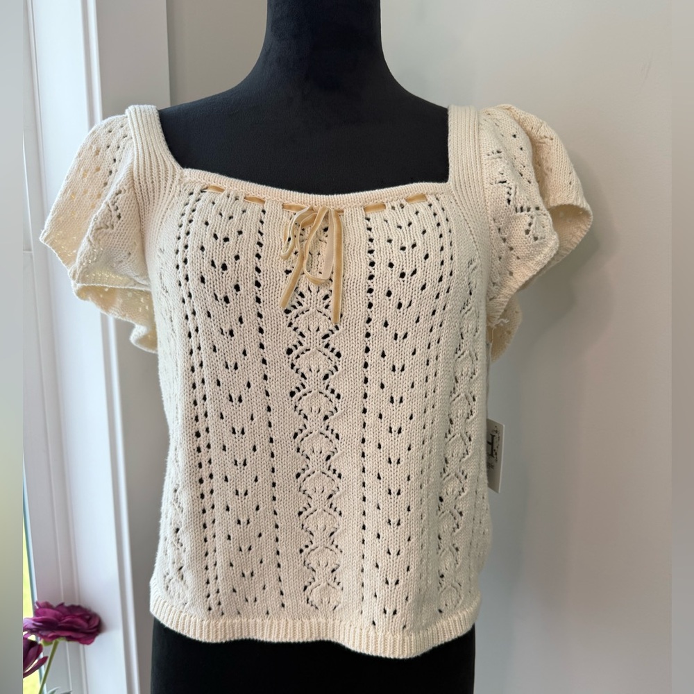 Haute Hippie Crochet 100% Cotton Babydoll Flutter Sleeve Sweater Top Ivory XL
